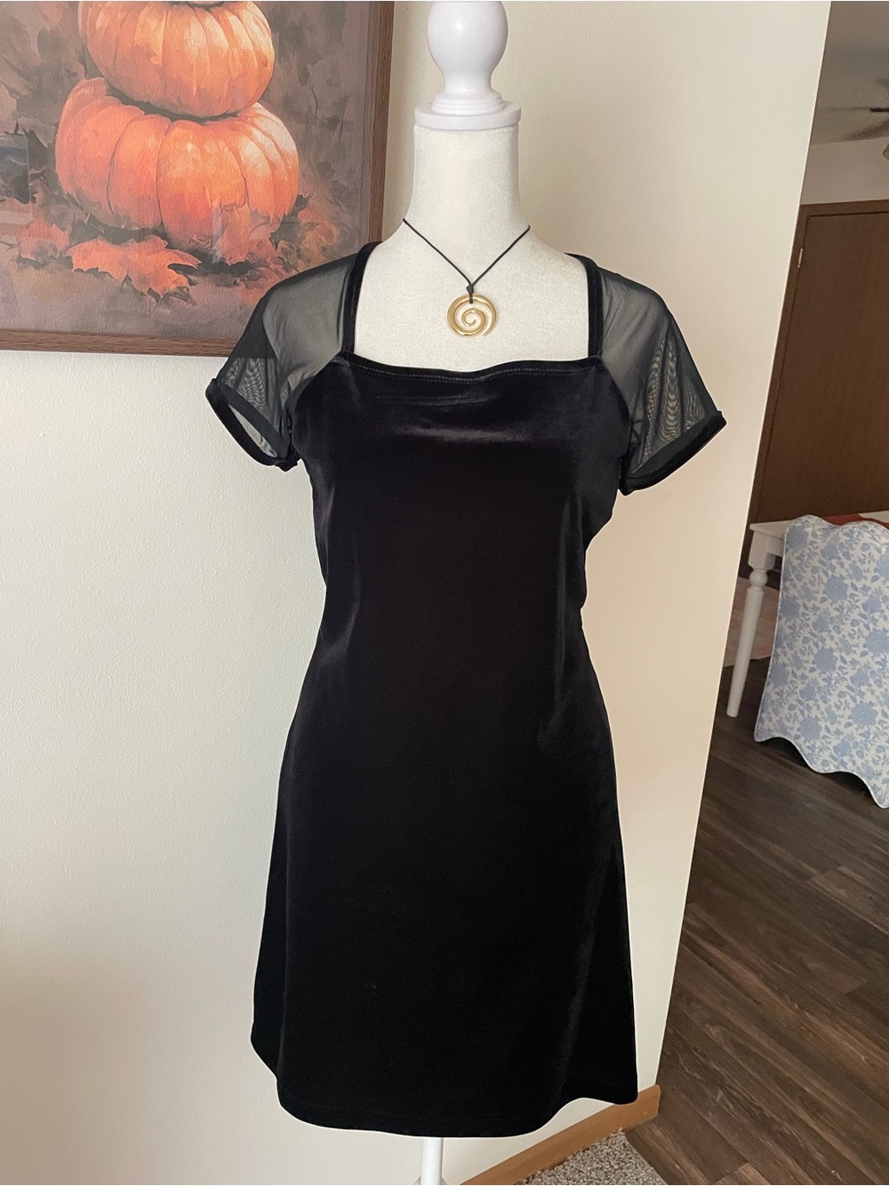 Vintage 90s No Boundaries Whimsigoth Black Velvet Mesh Sleeve Mini Dress S 3/5